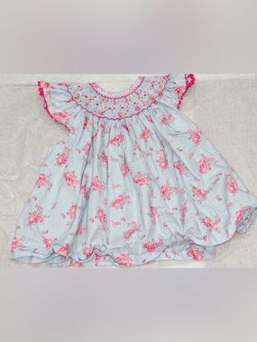 Baby Girls Light Blue Floral Smocked Dress with Pink Roses